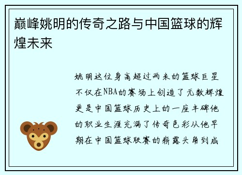 巅峰姚明的传奇之路与中国篮球的辉煌未来 巅峰姚明的传奇之路与中国篮球的辉煌未来